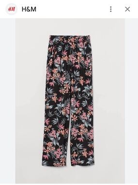 H&M Black Floral Wide-Leg Pants with Pink & Gray Blooms